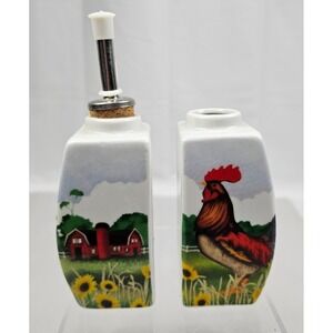 Dylan Designs Ceramic Rooster Barn Sunflower Oil Vinegar Cruet Set 2pc White